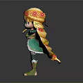 Game And Movie Character With Long Golden Hair Flower Decorated Headpiece Green Outfit Decorated Boots