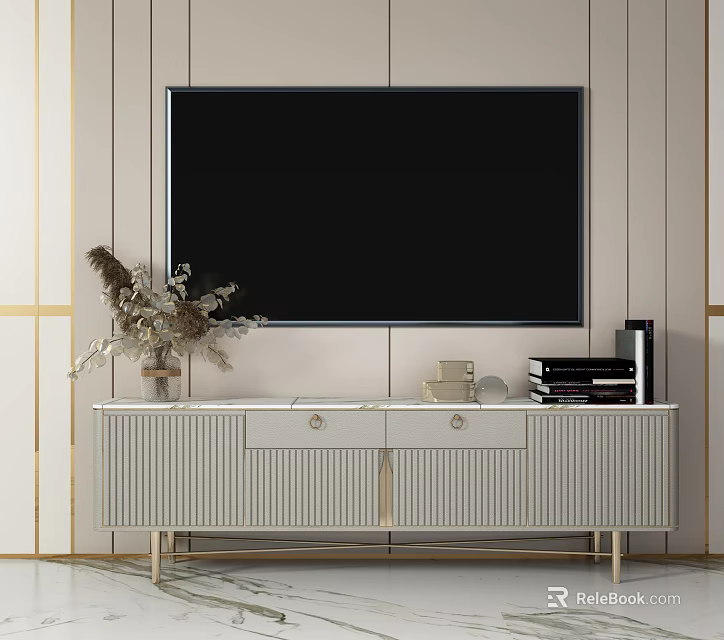 Modern TV Stand With Metal Legs Drawer Design Decorative Vase And Stacked Books 3d model 