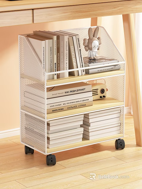 Practical Desk Storage Cart With White Mesh Books Radio Doll And Wheels 3d model 