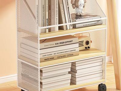 Practical Desk Storage Cart With White Mesh Books Radio Doll And Wheels 3d model