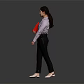 Woman wearing purple striped shirt and black pants holding red folder against gray background