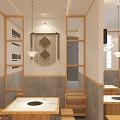 Cozy Hot Pot Restaurant Interior With Wooden Tables Chairs Hanging Lamps And Menu Board