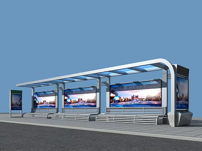 Modern Bus Stop Structure With Transparent Roof Seats And Cityscape Billboards 3d model