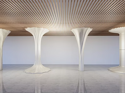 Unique White Pillars In Modern Interior With Wooden Ceiling And Gray Floor 3d model