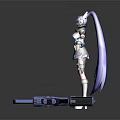 Futuristic Game Character With Blue Long Hair Headphones Black Outfit And Mechanical Weapon