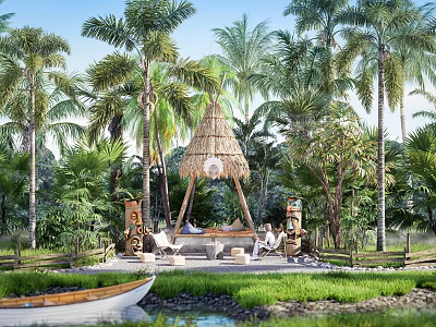 Tropical Landscape Pavilion With Thatched Roof By Pond Among Palm Trees And Lush Greenery 3d model