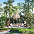 Tropical Landscape Pavilion With Thatched Roof By Pond Among Palm Trees And Lush Greenery