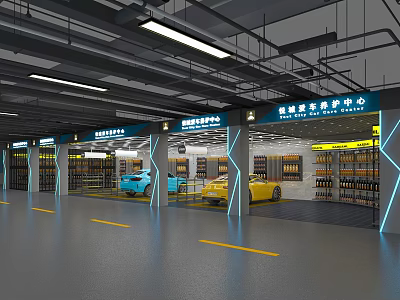 4S Car Showroom Interior with Blue Yellow Cars Shelves and Bright Lighting 3d model