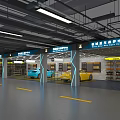 4S Car Showroom Interior with Blue Yellow Cars Shelves and Bright Lighting