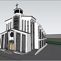 White Church Building With Cross On Top Arched Design And People Nearby
