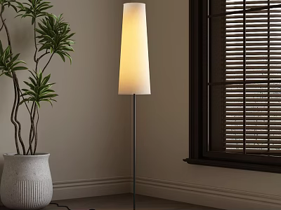 Modern Floor Lamp With White Lampshade Metal Base Near Green Plant By Window Blinds 3d model