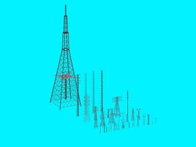 Various Metal Communication And Electricity Towers Structural Design On Blue Background 3d model