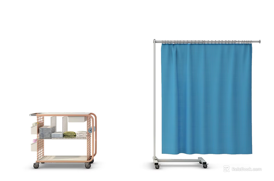 Wheeled Medical Equipment Cart And Blue Curtain Stand For Hospital Storage Partition 3d model 