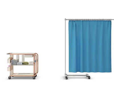 Wheeled Medical Equipment Cart And Blue Curtain Stand For Hospital Storage Partition 3d model