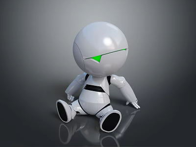 Cartoon Style White Robot Game Movie Character With Green Eye In Sitting Pose 3d model