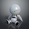 Cartoon Style White Robot Game Movie Character With Green Eye In Sitting Pose