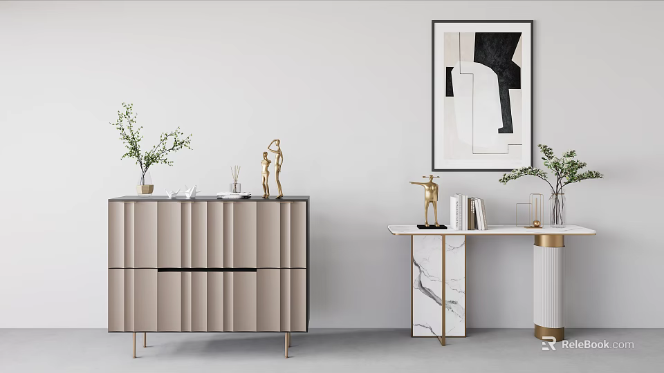 Modern Elegant Console Table With Marble Top Gold Legs Sculptures Vases Books And Abstract Painting 3d model 