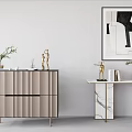 Modern Elegant Console Table With Marble Top Gold Legs Sculptures Vases Books And Abstract Painting