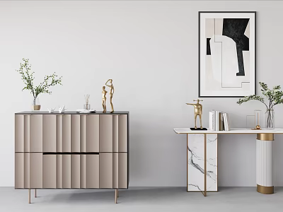 Modern Elegant Console Table With Marble Top Gold Legs Sculptures Vases Books And Abstract Painting 3d model