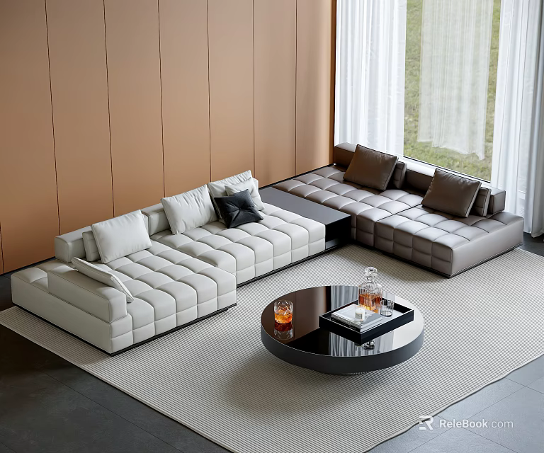 Modern Sofa and Coffee Table Set White Brown Tufted Design with Round Black Table and Window 3d model