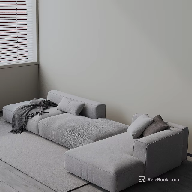 Minimalist Modern Gray Three Seater Sofa with Cushions Throw Blanket Light Wall and Window Blinds 3d model 