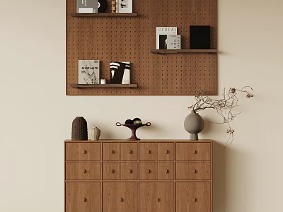 Natural Wood Console Cabinet And Sideboard With Decorative Shelves And Potted Plant 3d model