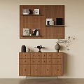 Natural Wood Console Cabinet And Sideboard With Decorative Shelves And Potted Plant