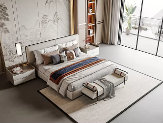 New Chinese Background Double Bed Double Bed 3d model