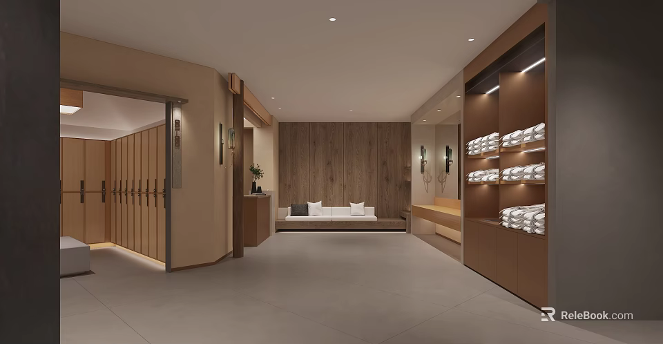 Modern SPA Sauna Space With Wooden Wall And Towel Storage 3d model 