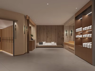 Modern SPA Sauna Space With Wooden Wall And Towel Storage 3d model