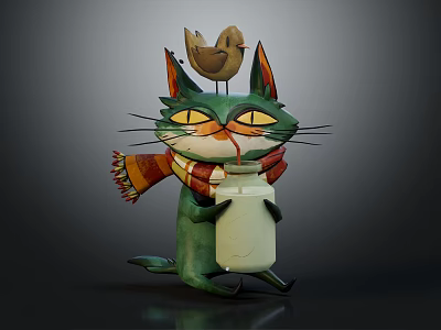 Green cat wearing colorful scarf holding white bottle with small bird on head 3d model