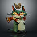 Green cat wearing colorful scarf holding white bottle with small bird on head