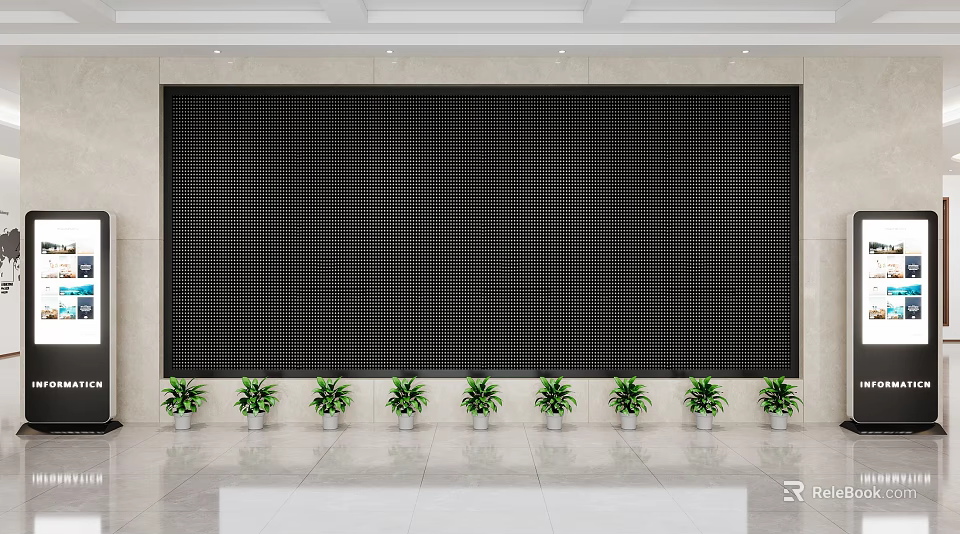 Large Black Grid Wall Fronted by Green Plants in White Pots on White Floor 3d model 