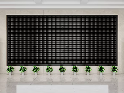 Large Black Grid Wall Fronted by Green Plants in White Pots on White Floor 3d model