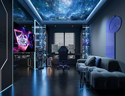 Modern Gaming Room Interior With Starry Sky Ceiling Large Screen TV And Gaming Chair 3d model