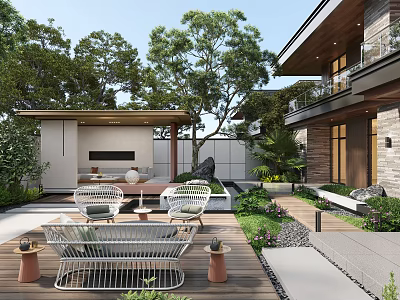 Modern Courtyard Garden With Outdoor Sofa Chairs Wooden Deck And Green Plants 3d model