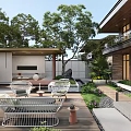 Modern Courtyard Garden With Outdoor Sofa Chairs Wooden Deck And Green Plants