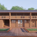 Wooden Two Story Cottage Building With Sloped Roof Lawn And Wooden Platform Steps