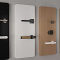 Modern Door Handles In Various Designs And Materials On Colored Door Panels