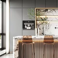 Modern Dark Kitchen Interior With Marble Island And Gold Bar Stools
