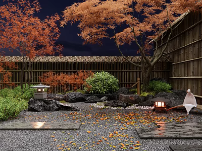 Night Courtyard Garden with Red Maple Trees Bamboo Fence Stones Lanterns Fallen Leaves Stone Paths 3d model