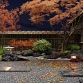 Night Courtyard Garden with Red Maple Trees Bamboo Fence Stones Lanterns Fallen Leaves Stone Paths
