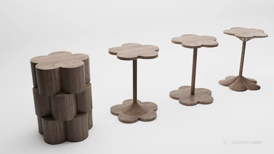 Various Modern Wooden Side Tables With Petal Shaped Base And Top Designs 3d model 