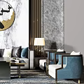 Elegant Sofa Coffee Table Combination Interior With Marble Wall Round Art And Table Lamps 3d model