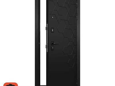 Modern Stylish Black Swing Door With Hexagonal Pattern And Glass Panel 3d model