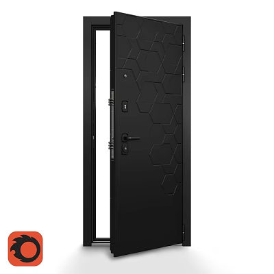 Modern Stylish Black Swing Door With Hexagonal Pattern And Glass Panel 3d model