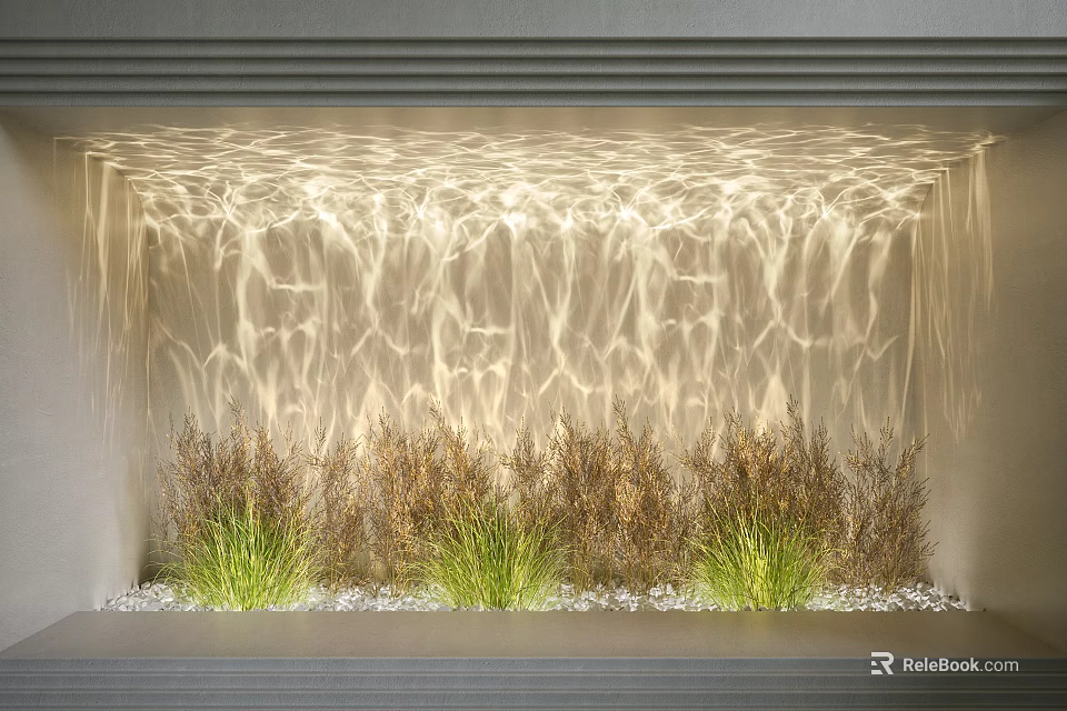 Water Ripple Light Lighting Effect on Interior Wall with Grass Plants and White Pebbles 3d model 