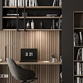 Modern Desk With Black Bookshelves Wooden Paneling Laptop Clock And Desk Lamp