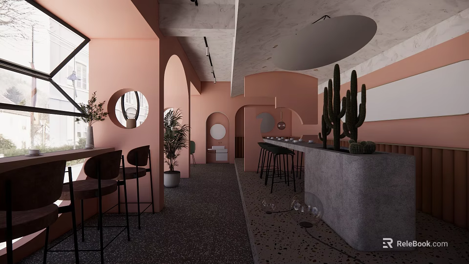 Pink Clothing Store Interior With Archways Round Mirrors Cactus Decor Bar Counter And High Stools 3d model 