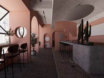 Pink Clothing Store Interior With Archways Round Mirrors Cactus Decor Bar Counter And High Stools 3d model